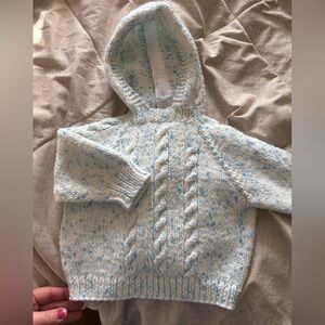Cozy Blue and White Hand Knit Baby Hoodie